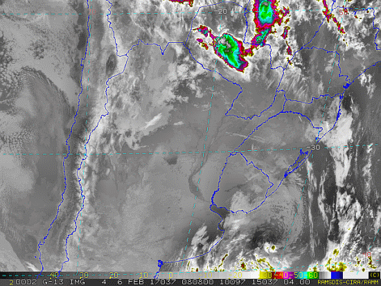 Imagem do satélite GOES 13/NOAA/EUA – Canal do Infravermelho + realce – dia 06/02/2017 – Hora local: 06:10 – Sul do Brasil. Fonte: RAMSDIS Online - Central and South America and the Caribbean, Cooperative Institute for Research in the Atmospere, Colorado State University, EUA, modificado por LabClima/UNIVALI.