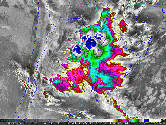 Imagem do satélite GOES 13/NOAA/EUA – Canal do Infravermelho + realce – dia 10/02/2017 – Hora local: 06:40 – Sul do Brasil. Fonte: RAMSDIS Online - Central and South America and the Caribbean, Cooperative Institute for Research in the Atmospere, Colorado State University, EUA, modificado por LabClima/UNIVALI.