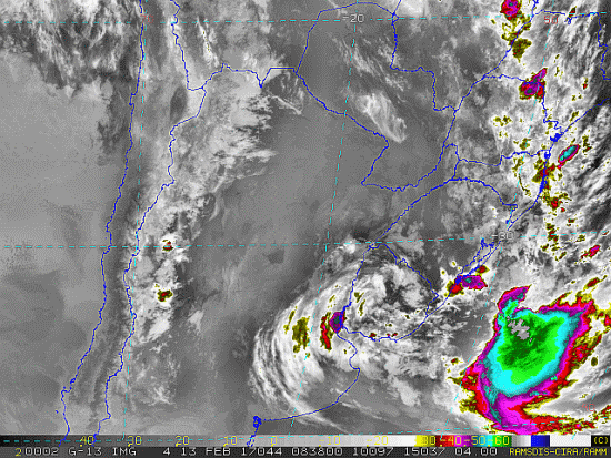 Imagem do satélite GOES 13/NOAA/EUA – Canal do Infravermelho + realce – dia 13/02/2017 – Hora local: 06:40 – Sul do Brasil. Fonte: RAMSDIS Online - Central and South America and the Caribbean, Cooperative Institute for Research in the Atmospere, Colorado State University, EUA, modificado por LabClima/UNIVALI.