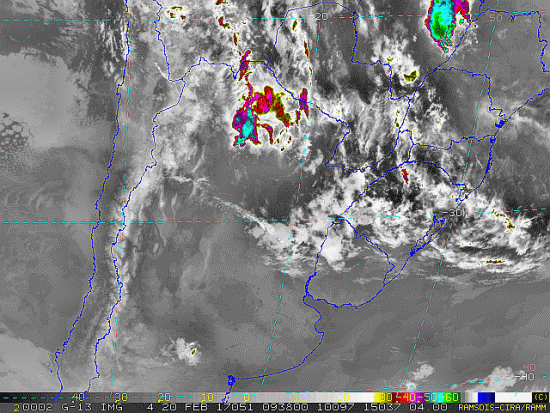Imagem do satélite GOES 13/NOAA/EUA – Canal do Infravermelho + realce – dia 20/02/2017 – Hora local: 07:40 – Sul do Brasil. Fonte: RAMSDIS Online - Central and South America and the Caribbean, Cooperative Institute for Research in the Atmospere, Colorado State University, EUA, modificado por LabClima/UNIVALI.