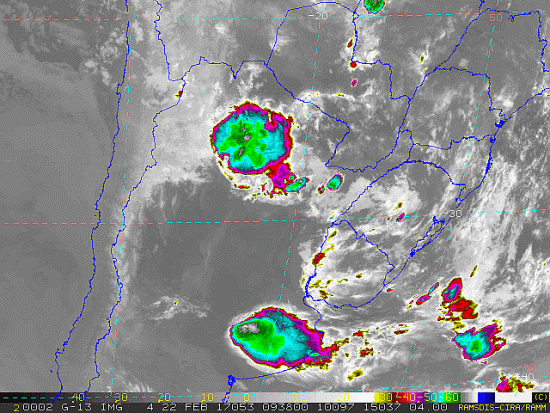 Imagem do satélite GOES 13/NOAA/EUA – Canal do Infravermelho + realce – dia 22/02/2017 – Hora local: 07:40 – Sul do Brasil. Fonte: RAMSDIS Online – Central and South America and the Caribbean, Cooperative Institute for Research in the Atmospere, Colorado State University, EUA, modificado por LabClima/UNIVALI.