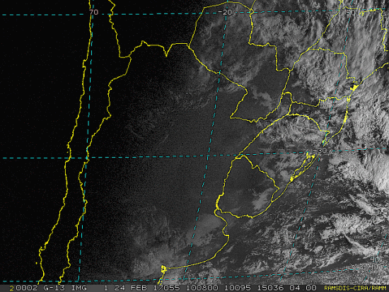 Imagem do satélite GOES 13/NOAA/EUA – Canal do Visível – dia 24/02/2017 – Hora local: 07:10 – Sul do Brasil. Fonte: RAMSDIS Online - Central and South America and the Caribbean, Cooperative Institute for Research in the Atmospere, Colorado State University, EUA, modificado por LabClima/UNIVALI.