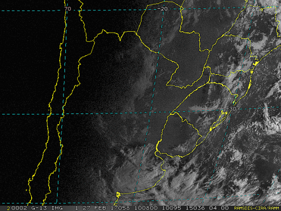 Imagem do satélite GOES 13/NOAA/EUA – Canal do Visível – dia 27/02/2017 – Hora local: 07:10 – Sul do Brasil. Fonte: RAMSDIS Online - Central and South America and the Caribbean, Cooperative Institute for Research in the Atmospere, Colorado State University, EUA, modificado por LabClima/UNIVALI.