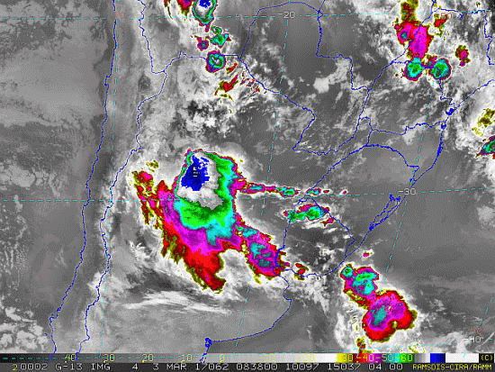 Imagem do satélite GOES 13/NOAA/EUA – Canal do Infravermelho + realce – dia 03/03/2017 – Hora local: 05:40 – Sul do Brasil. Fonte: RAMSDIS Online - Central and South America and the Caribbean, Cooperative Institute for Research in the Atmospere, Colorado State University, EUA, modificado por LabClima/UNIVALI.