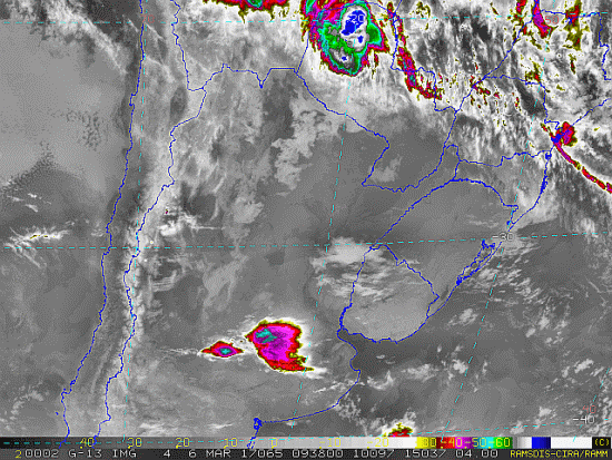 Imagem do satélite GOES 13/NOAA/EUA – Canal do Infravermelho + realce – dia 06/03/2017 – Hora local: 06:40 – Sul do Brasil. Fonte: RAMSDIS Online - Central and South America and the Caribbean, Cooperative Institute for Research in the Atmospere, Colorado State University, EUA, modificado por LabClima/UNIVALI.